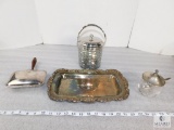 Lot of Assorted Silver Dishes, Antique Sheffield Silver Silent Butler Crumb Catcher, Cookie Jar,