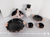 Lot of Assorted Pottery Pieces with Black Ceramic Coating. Vases, Assorted Bowls, Basket