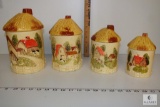 Vintage, retro ceramic canister set with orange thatched roof lid, cows, barns / farm scene canister