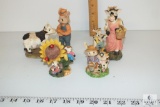 Vintage milk cow figurines with pig, rabbit, flowers