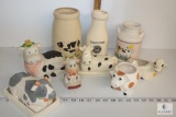 Butter dish, sponge holders, vases, bell and other cow items