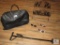 Lot Small Rolling Luggage Bag, Walking Cane, assorted Sunglasses, and Metal Magazine Rack