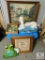 Lot Vintage Framed Prints, Frog Clock Holder, Ceramic Poodle Dog Sculpture