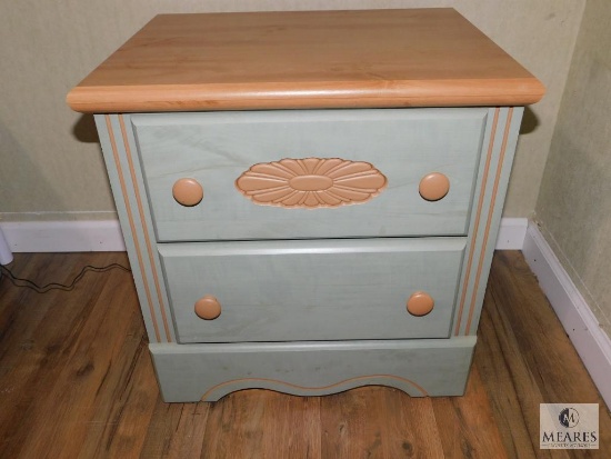 Two-Drawer Nightstand Light Oak and Sage Green Finish