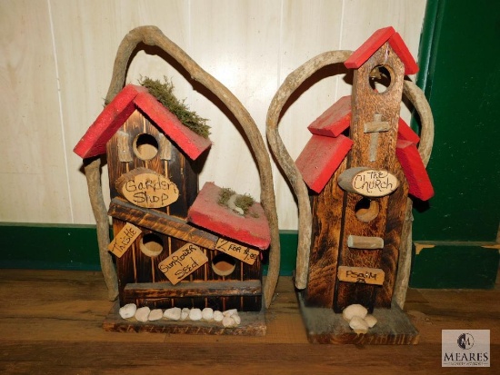 Lot of 2: Wood / Twig Rustic Decorative Birdhouses Church & Garden Shop