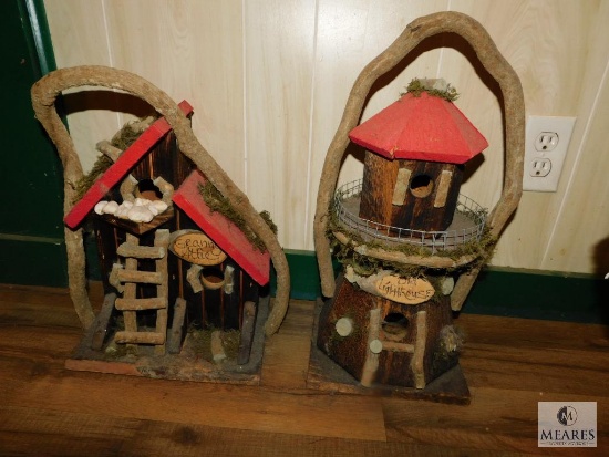 Lot of 2: Wood / Twig Rustic Decorative Birdhouses Lighthouse & Granny's Attic