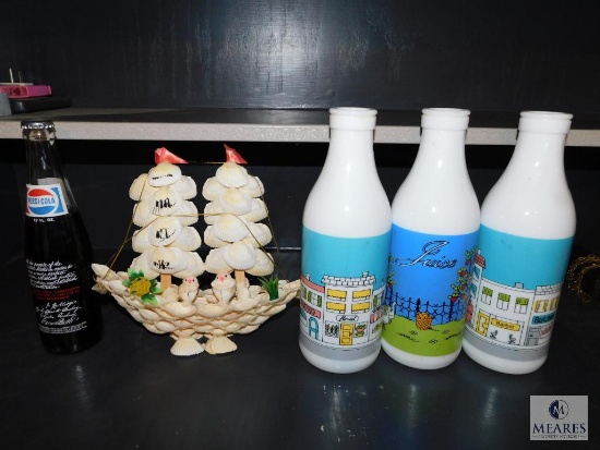 Lot of 3: Carlton Glass Milk Jugs, Vintage Shell Ship, & Pepsi Historic SC Contribution bottle