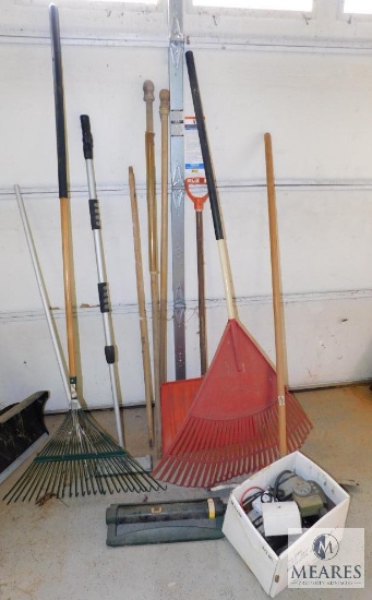 Lot Yard Tools Rakes, Snow Shovel, Sprinkler and Timers