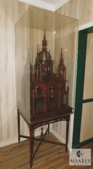 Large Ornate Wooden Bird Cage on Table With Plexiglass Cover GORGEOUS!