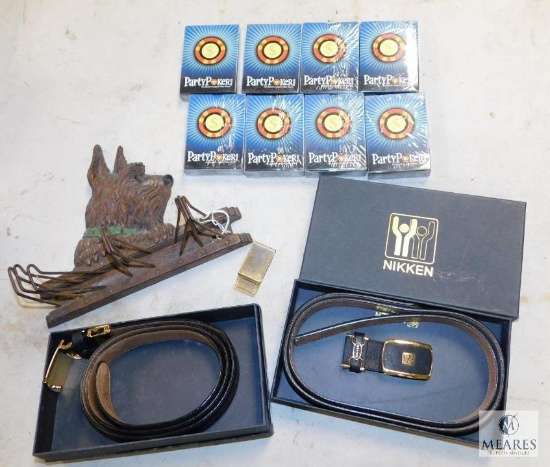 Lot New Nikken Mens Dress Belts, Scottie Dog Tie Rack & New lot Poker Cards
