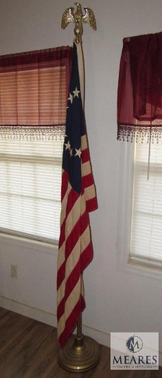 13 Thirteen Colonies American Flag USA and Brass Eagle top Stand