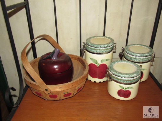 Lot Apple Theme Ceramic Canisters, Apple Candle, and Apple painted Wood Basket