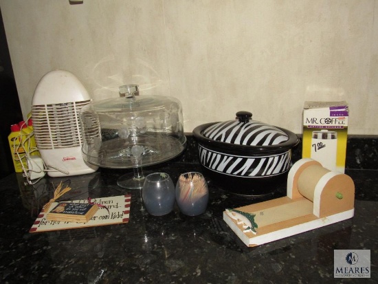 Counter Lot - Etched Glass Cake Stand, Hand Painted Folk Art Signs, Coffee Grinder, Note Pad and