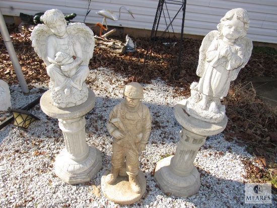 Lot of Concrete Garden Statues Angels on Pedestals and American Solider