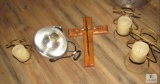Lot of 3: Metal Angel Pillar Candle Holders with Candles and Christian Cross with Nails & Clamp
