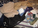 Large Lot Towels and assorted Linens, Plastic Containers and 5 small Trash cans