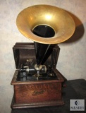 Antique Thomas Edison Phonograph Model C with Lid & Gold Moulded Records Crank Style