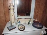 Lighthouse Decoration Lot Wall Clock, Plaque, Boat Shelf, Oneida Collection, 2 Handblown glass