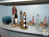 Shelf Lot Lighthouse Decorations Candle Holders, Wood Captain Figurine, Bookend Set, and Nightlight