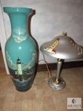Lot Large Painted Lighthouse Theme Vase & Lamp