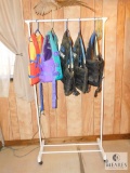 Hanging Rack with (5) assorted Adult Life Preservers/ Ski Jackets