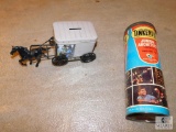 Lot Vintage Tinkertoy wood Construction Set and Tin Dutch Coin bank with Horse