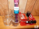 Lot Hummer Glasses, Sundae Spoons, Coca-Cola Tray, Candle, and Coasters