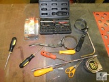 Lot assorted Hand Tools Tape Measure, Screwdrivers, Filter Clamps, and more