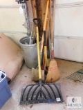 Lot Yard Tools Shovels, Snow Shovel, Sledge Hammer, Gravel Rake, and Broom