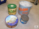 Lot Vintage Tins - Old Pal Minnow Bucket, Maxwell House Coffee, Music Box, & Danish Cookies