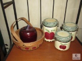 Lot Apple Theme Ceramic Canisters, Apple Candle, and Apple painted Wood Basket