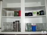 Cabinet lot Glasses, Travel Mugs, and Coffee Cups