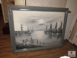 Large Boat Dock Ships Painting on Canvas Signed Lizzy 55