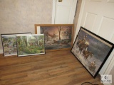 Lot of 4: Framed Puzzle Pictures Cottage home, Town, Horses, and Horse & Buggy Scene