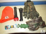 Lot Mens XL Camo Gloves, Orange Carhartt Hat, Shoe Laces, Flashlights, and Fish Bottle Opener