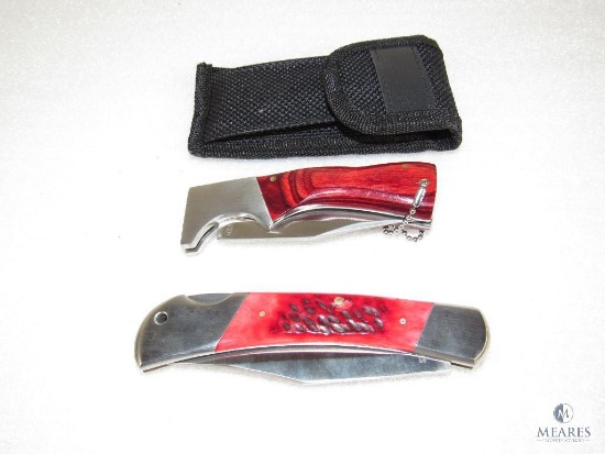 Lot 2 Stainless Straight Blade Folder Lockback Pocket Knives Red Wood & bone like (1) Carolina
