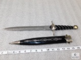 Large Damascus double edged dagger with sheath
