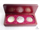 Three-coin set in wooden presentation box - Silver Eagle and Morgans