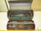 Old Tool box with Assorted Tools; Extractor Bits, Jacob Chuck, Nippers, Hand Axe, Hacksaw, & more