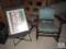 Lot Vintage Wood and Cushioned Rocking Chair, Camping Chair, and 80's Carolina Marathon Print