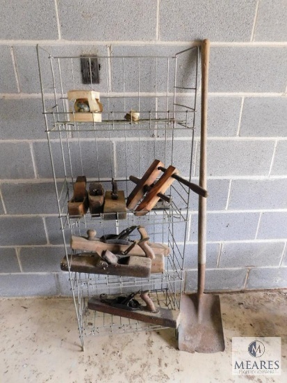 Rack with Lot of assorted Wood Planers, Clamps, and Shovel