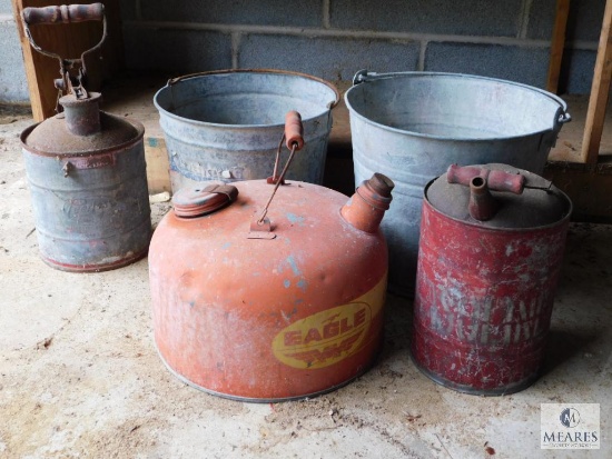 Lot Galvanized Buckets and Vintage Fuel Cans