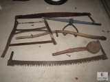 Lot of Vintage Tools; 2) Two-Man Saws, Scythe Handle, Bucksaw, and Hay Tongs