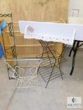 Lot Wood Shoe Rack, White Wall Shelf, Metal Wall Plate Rack, and 2 Metal Plant Racks