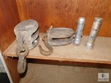 Lot of 2: Vintage Wood Pulley Rope Blocks and 2 Flashlights