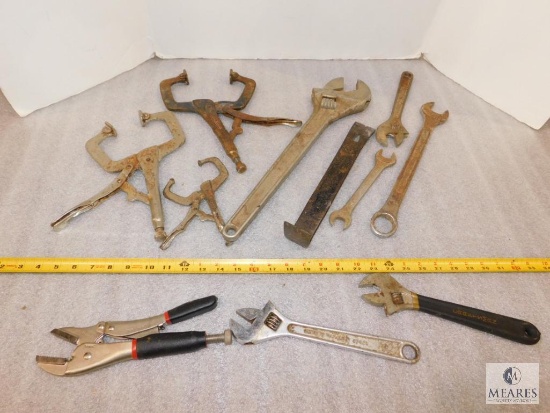 Lot of Vise Grip Clamps, Pry bar, and Adjustable Wrenches