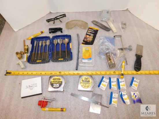 Lot assorted Tools, Tape Measures, Spade bits, and more