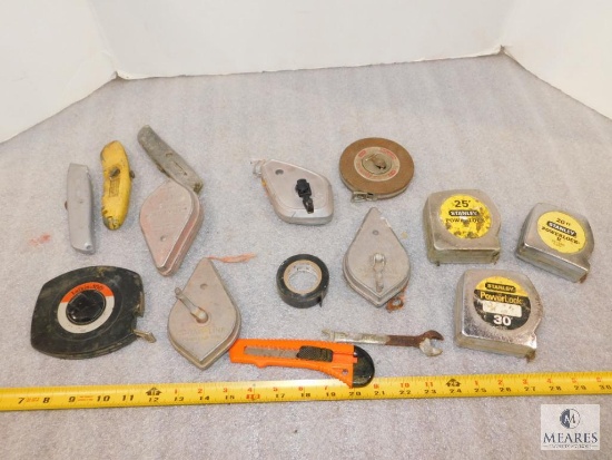 Lot assorted Chalk Lines, Tape Measures, and Razor Cutters