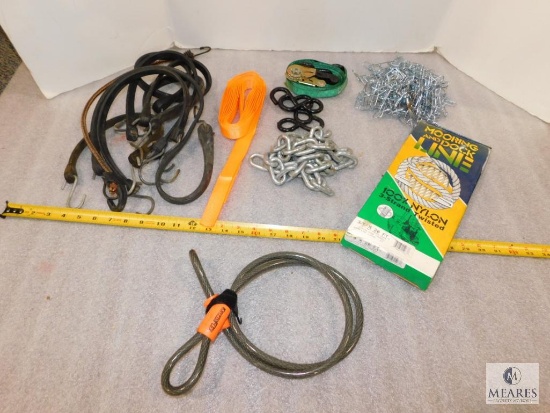 Lot of assorted Tie-downs: Chains, Straps, Rope, and bungee straps