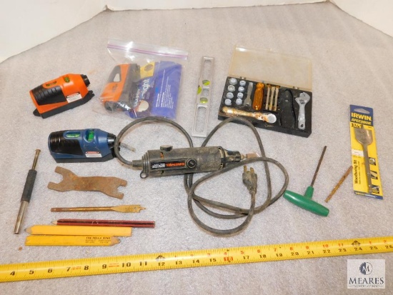 Lot of assorted Tools: Laser Level, Dremel Moto-Tool, Spade bits, and more